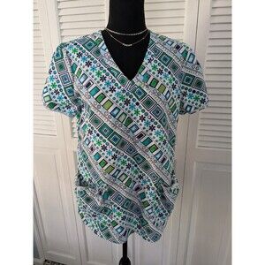 White Cross Top Womens sz M Geometric VNeck Short Slv Scrub Elasticwaist Ruffle